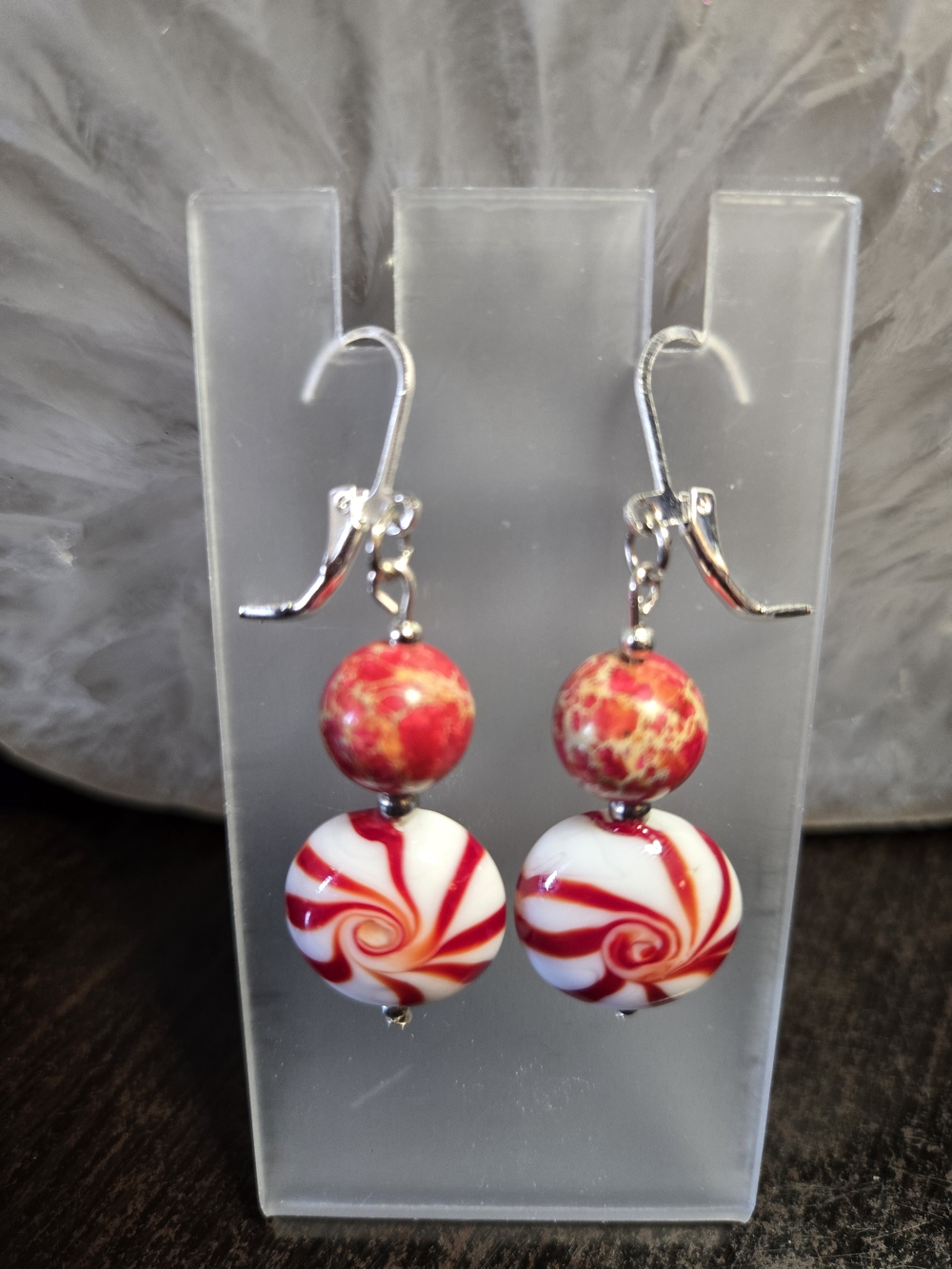 Handmade Red Swirl Glass Drop Earrings - Women Jewelry - Picture 2 of 2